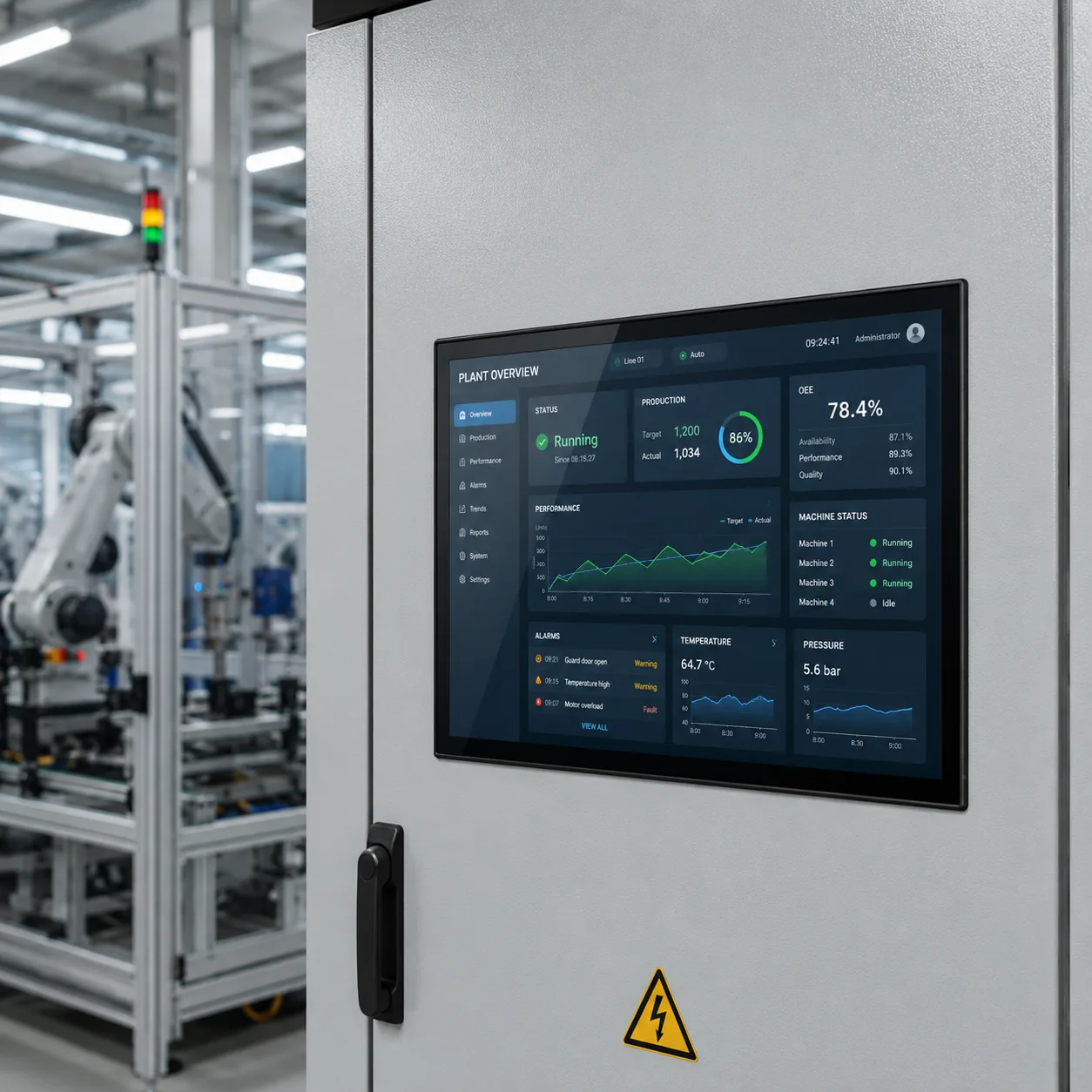 23.8-inch KoreTouch industrial panel PC with bonded PCAP touch on a factory control cabinet