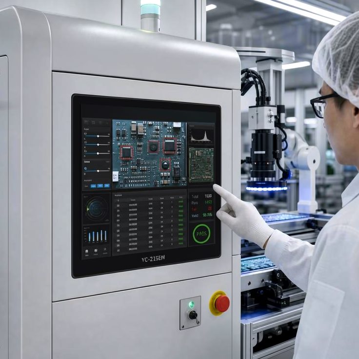 Cleanroom technician using an industrial touchscreen HMI on an automated optical inspection line