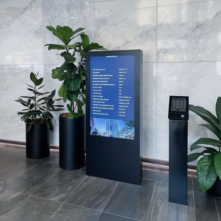Lobby directory kiosk and interactive pedestal touchscreen for smart building access and visitor management