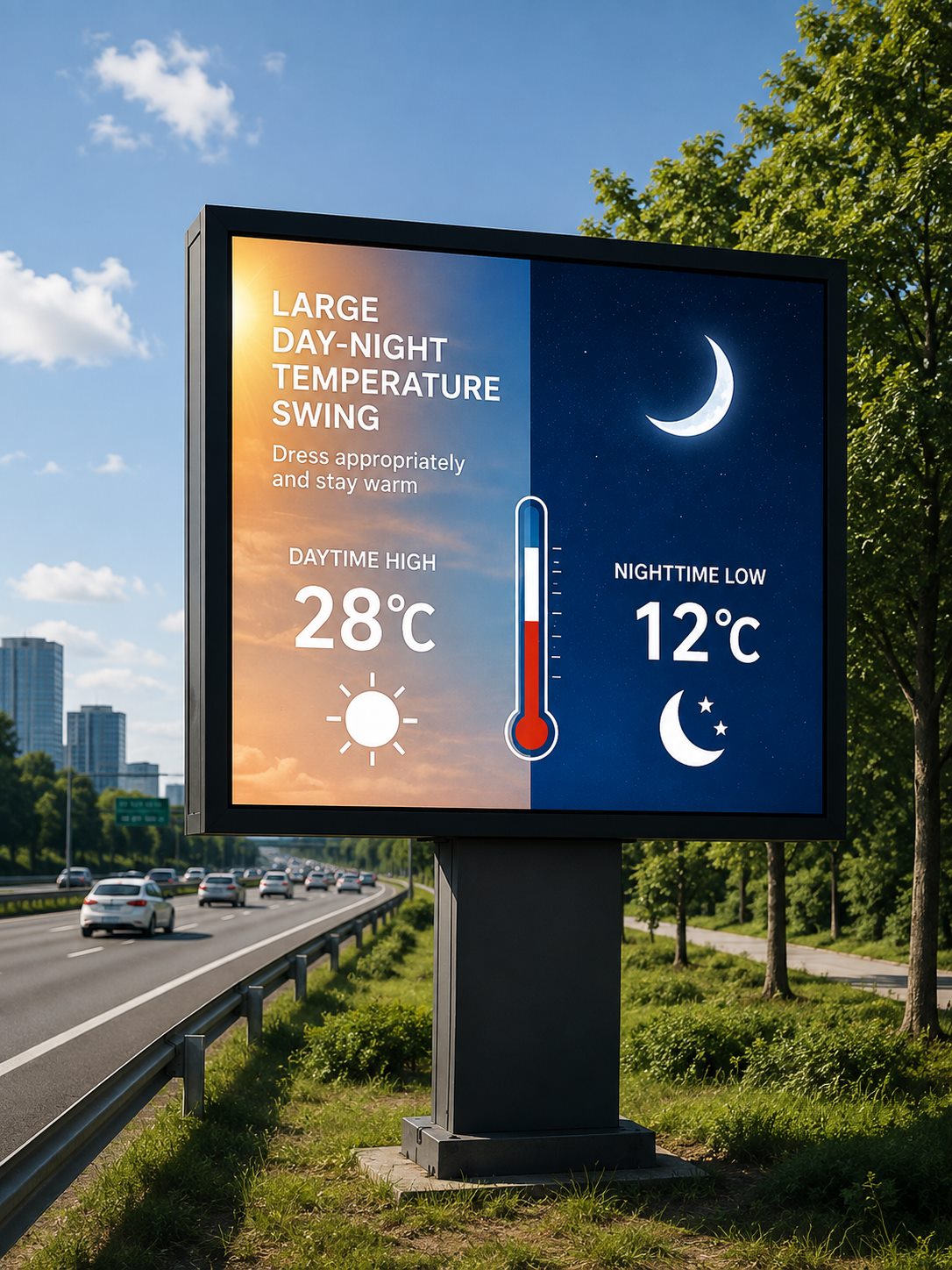 Highway digital billboard showing a large day-to-night temperature swing between 28 degrees Celsius and 12 degrees Celsius
