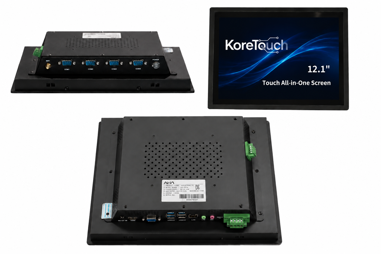 KoreTouch 12.1-inch industrial touch all-in-one PC shown from front, side I/O, and rear views