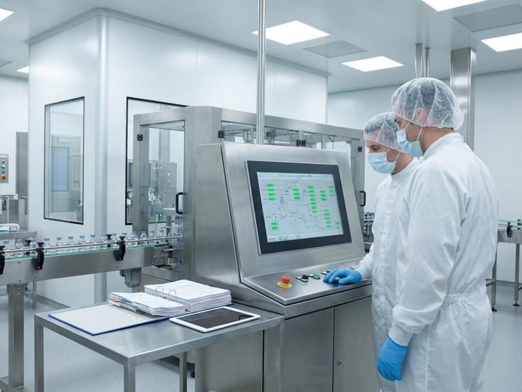 Cleanroom operators using an embedded industrial tablet PC and machine HMI on a pharmaceutical line