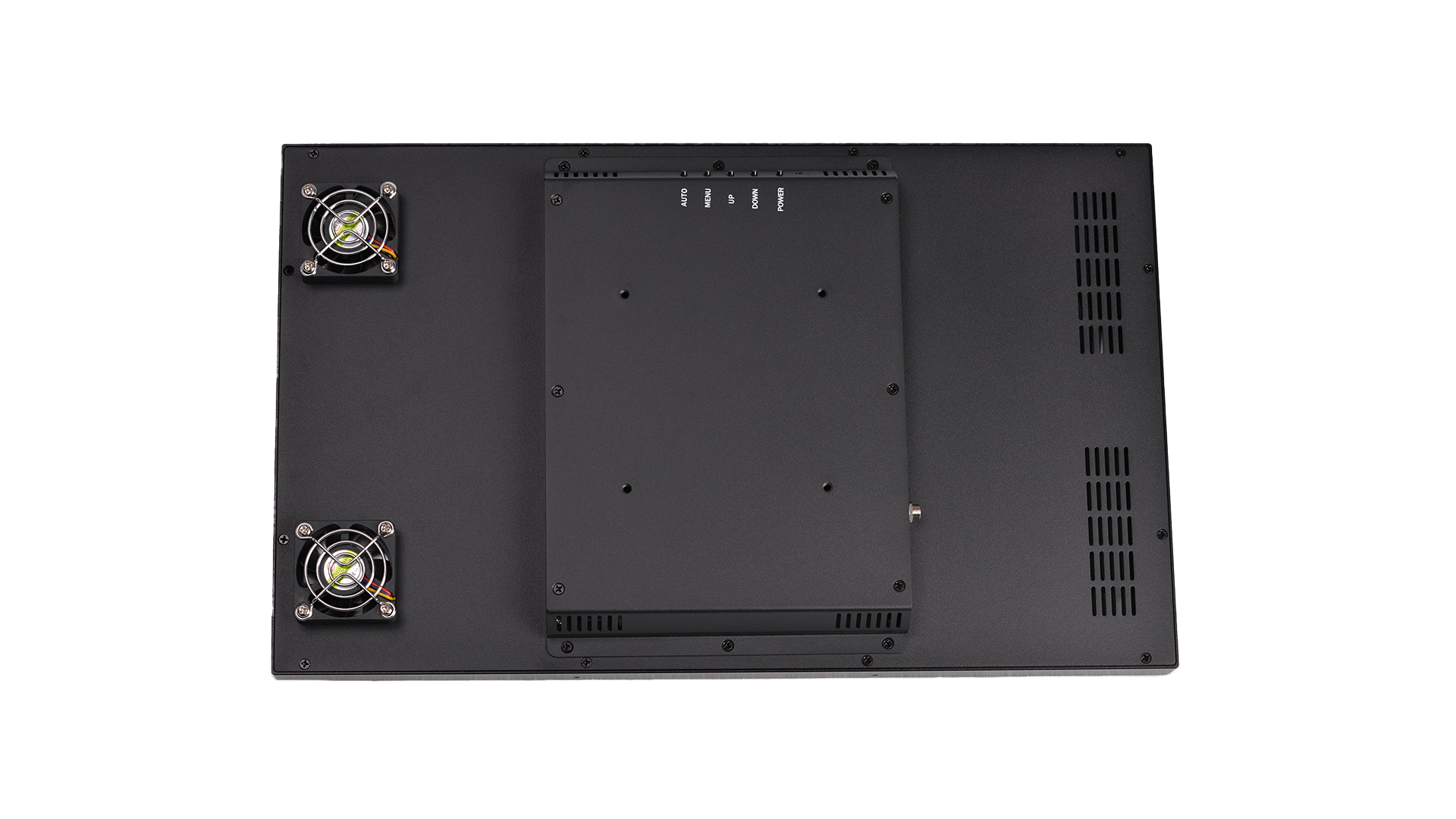 Rear view of an industrial display chassis showing cooling fans, vents, and VESA mounting points