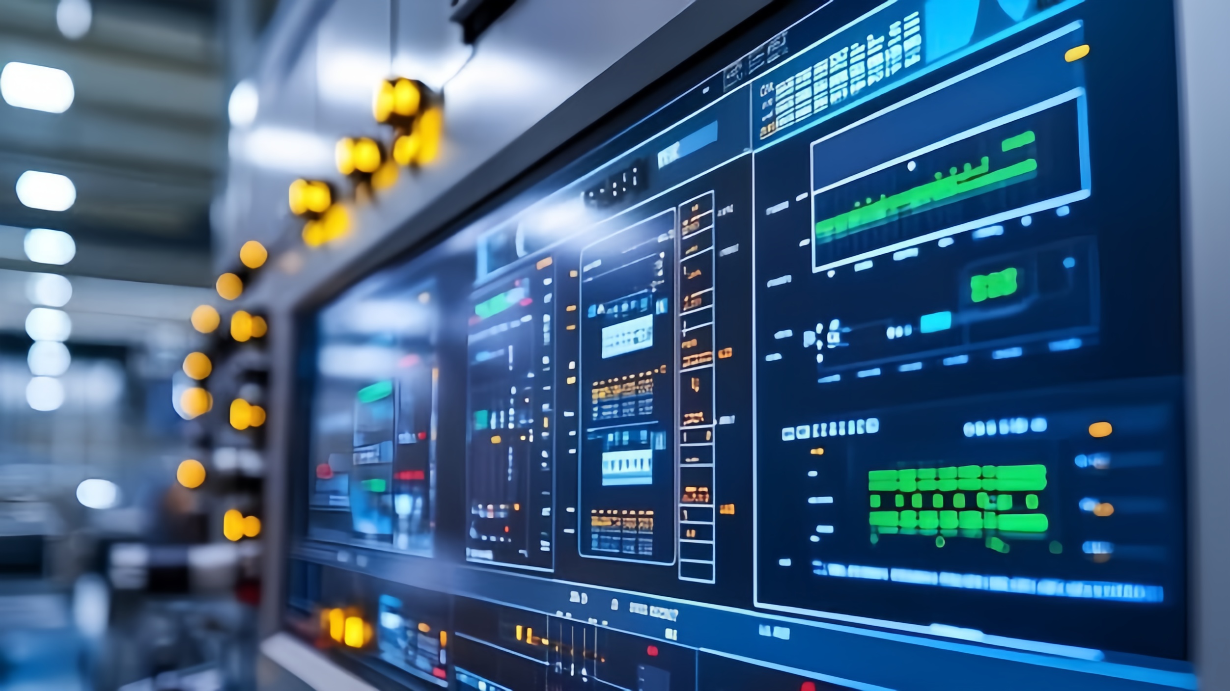 Industrial control panel with real-time HMI dashboards, graphs, and status indicators