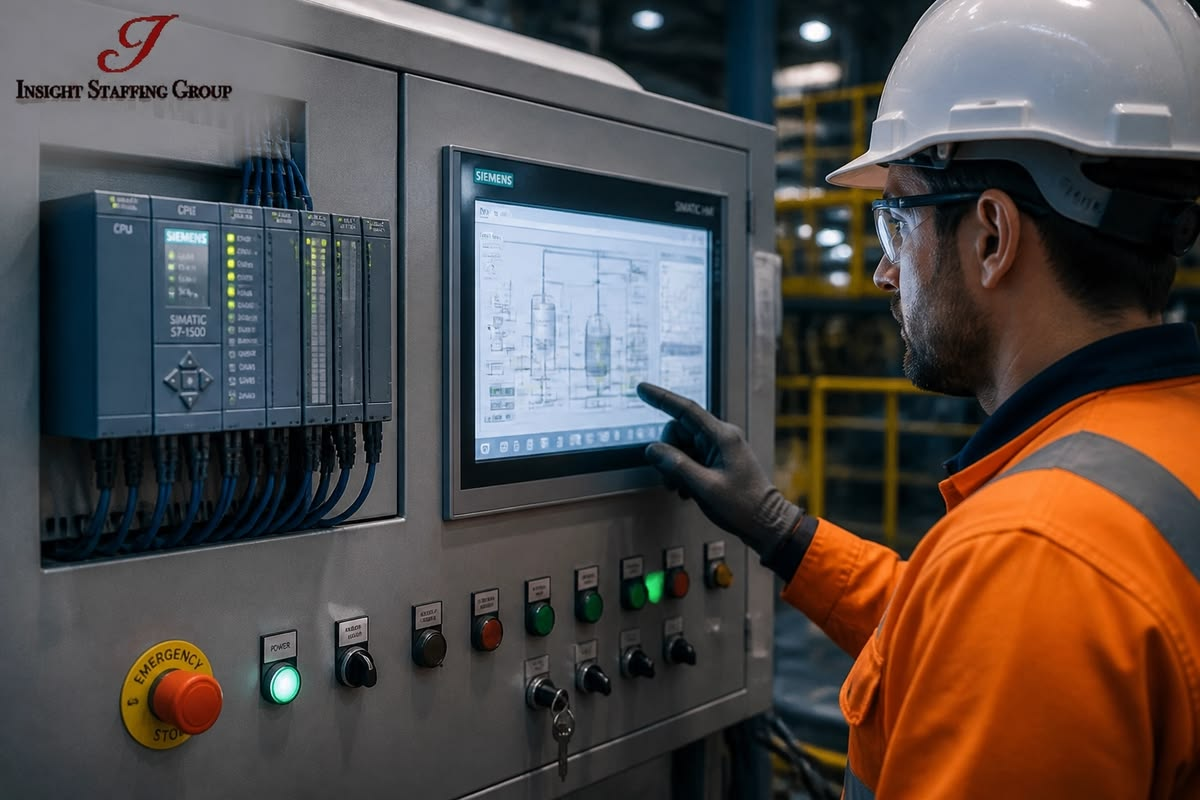 Industrial worker using a gloved hand on an HMI touchscreen next to PLC modules