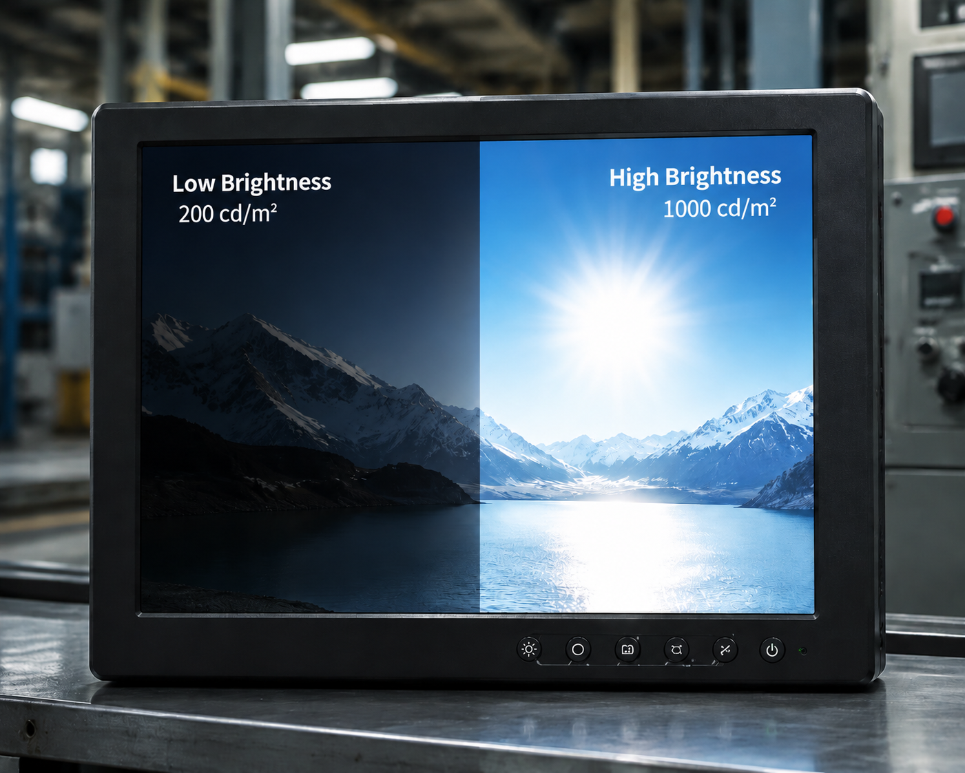 Industrial monitor comparing low brightness versus high brightness display readability under strong ambient light