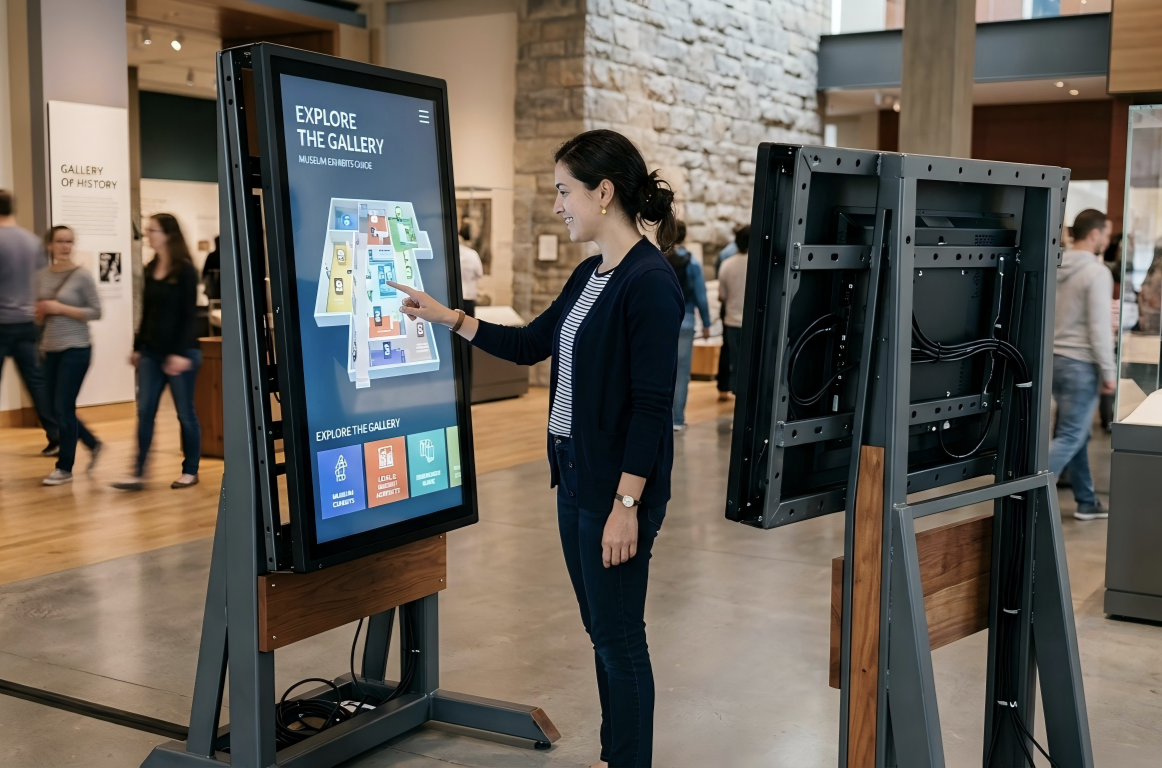 Visitor interacting with a large vertical capacitive touchscreen kiosk in a museum gallery