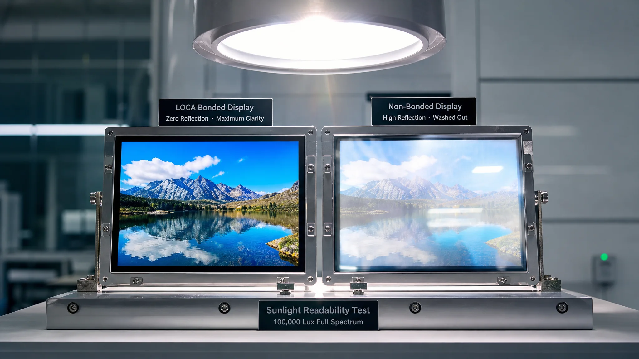 Sunlight readability test comparing LOCA bonded display versus non-bonded display under 100,000 lux lighting