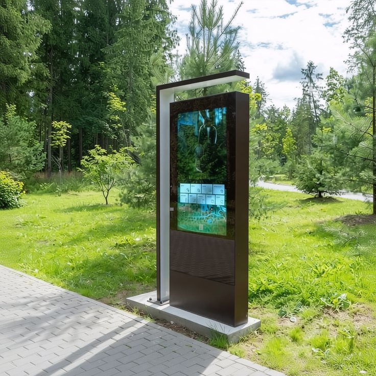 Outdoor wayfinding kiosk on a paved path in a park