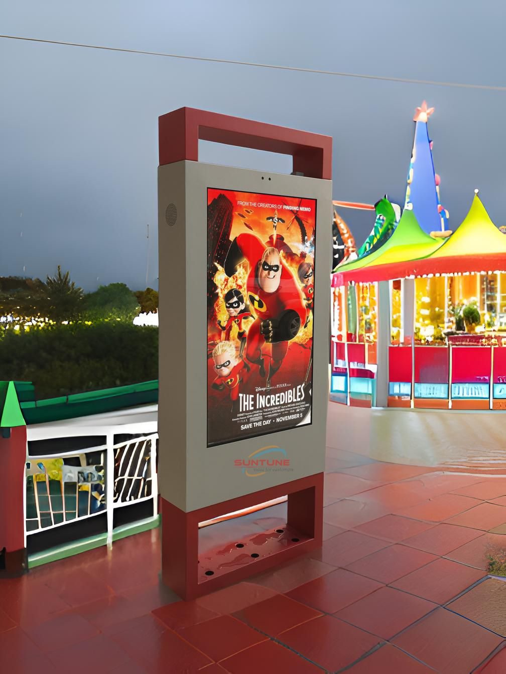 Outdoor digital signage kiosk installed at a seaside amusement area