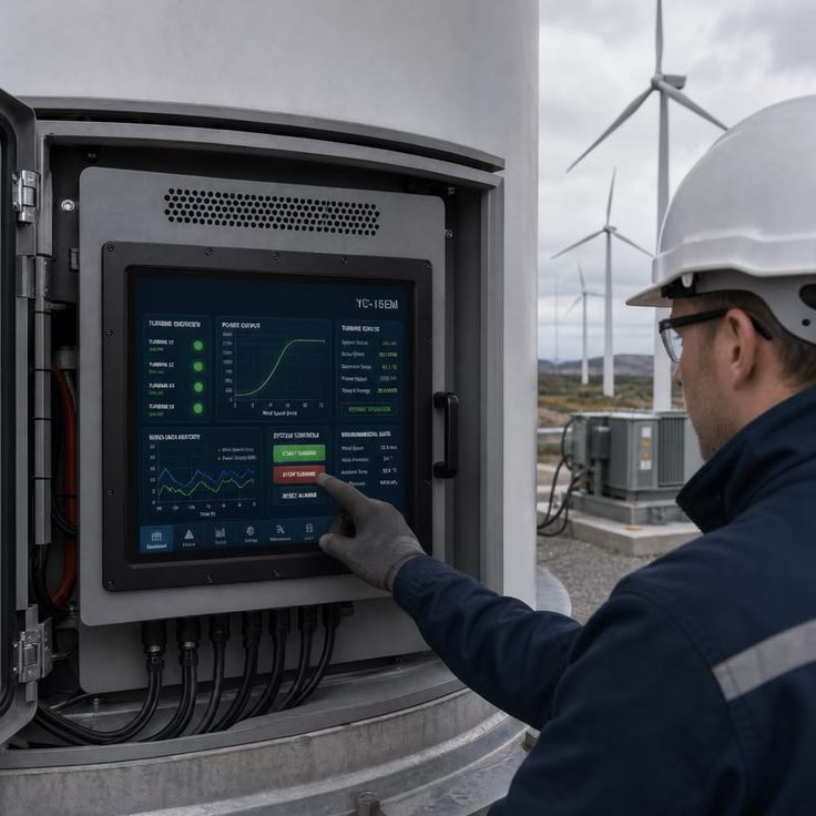 Technician operating a rugged industrial touchscreen mounted in a wind-turbine control cabinet