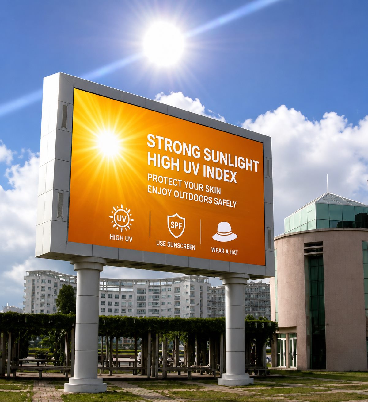 Outdoor digital billboard remaining readable in strong sunlight with a high-UV public-safety message
