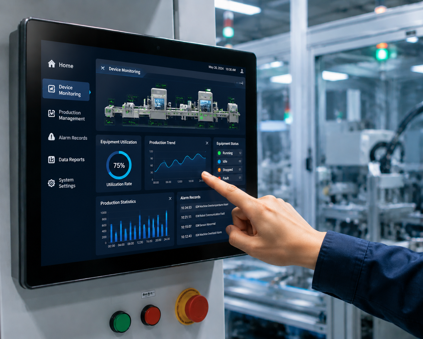 Industrial touch panel PC on factory equipment showing real-time control and monitoring dashboard