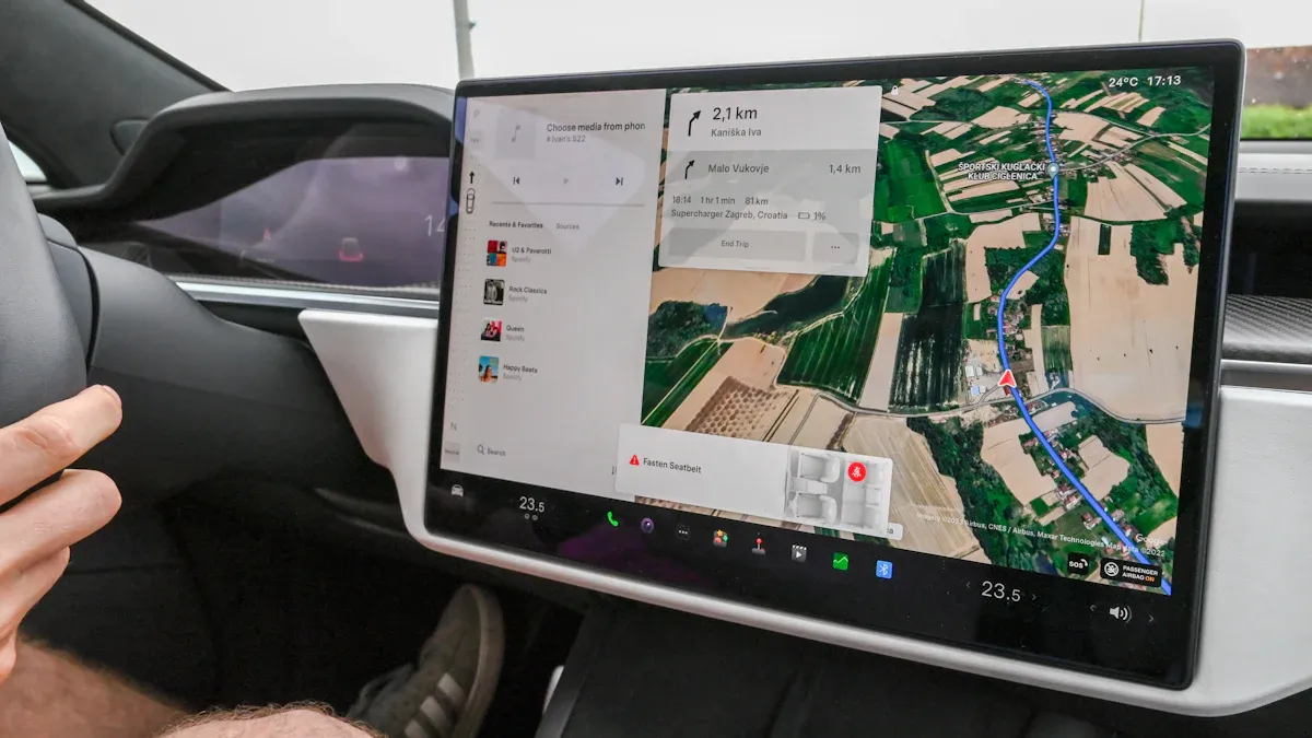 Large landscape vehicle touchscreen interface showing navigation and media controls