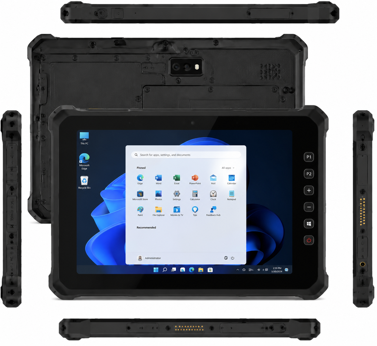 Rugged industrial tablet shown from multiple angles with Windows interface and reinforced enclosure