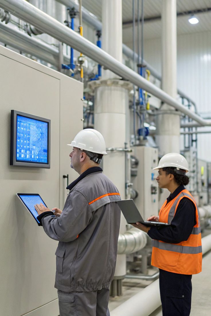 Industrial workers using a wall-mounted HMI and tablet to monitor plant equipment