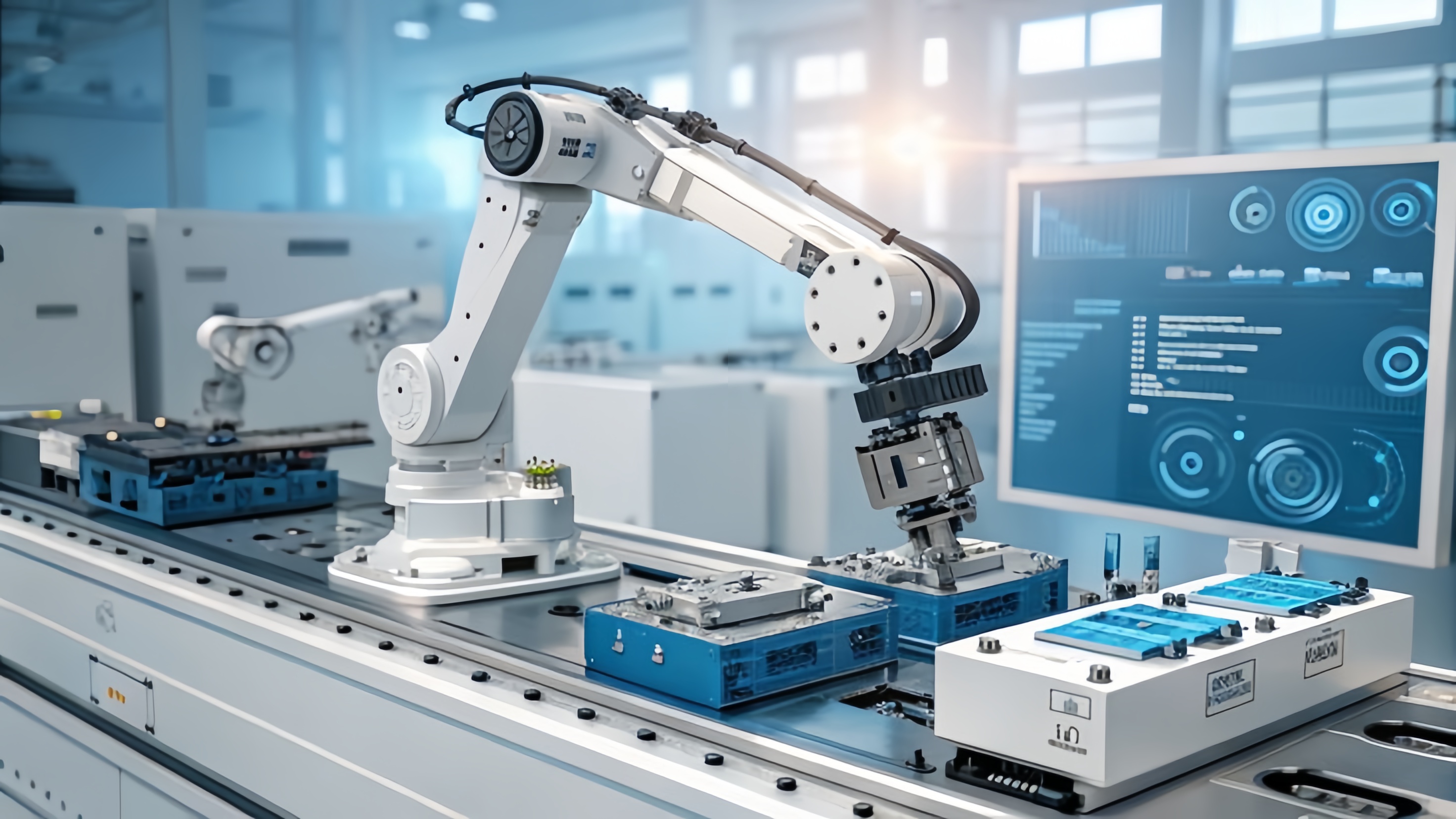 Industrial robotic arm on an automated assembly line with a monitoring display in the background