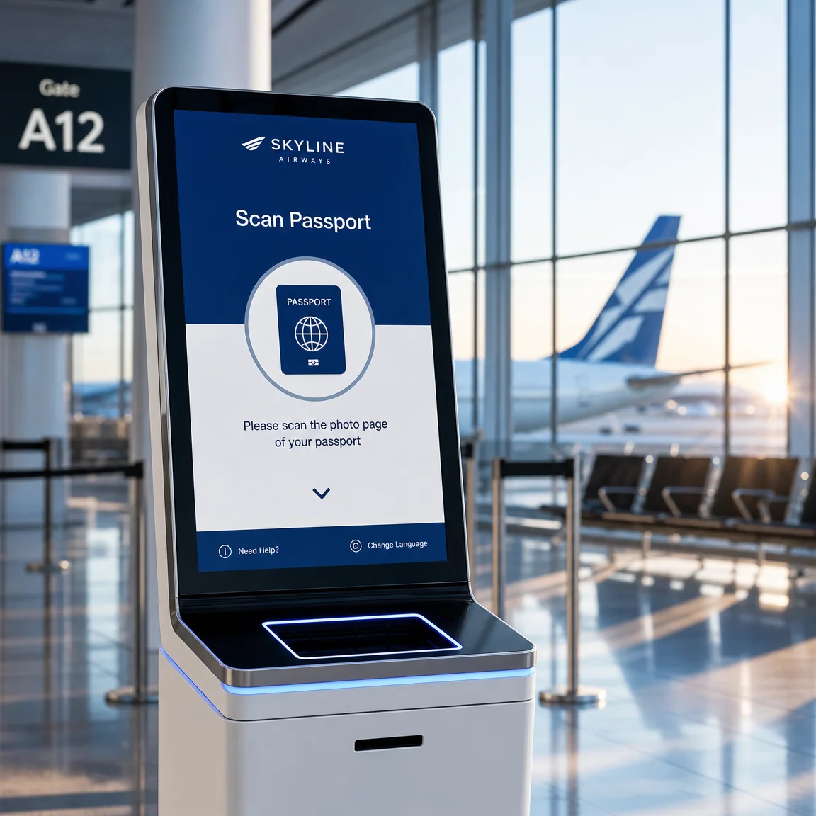 Airport self-service check-in kiosks with touchscreens