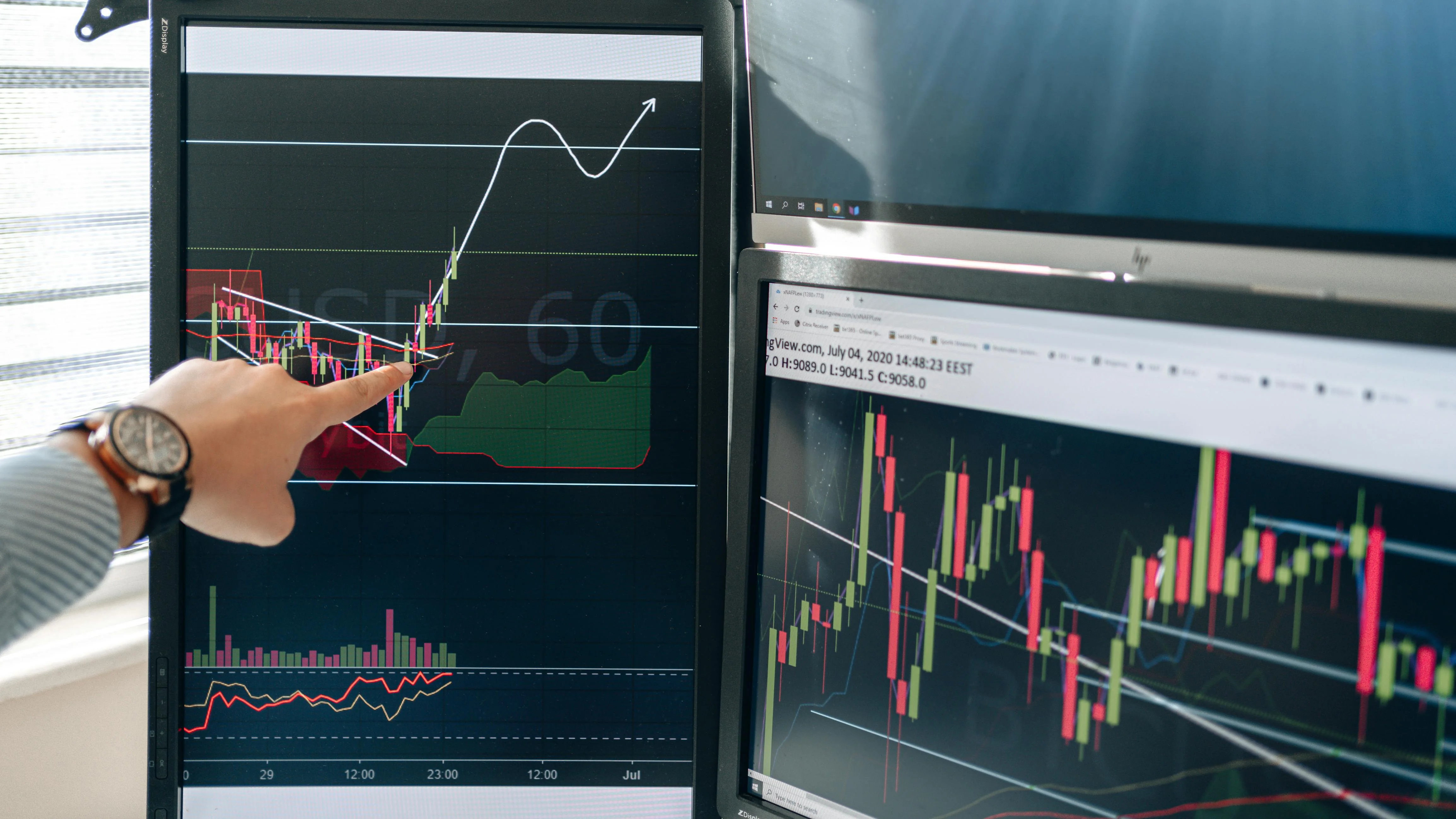 Multi-monitor financial trading workspace with dense market data on adjacent screens