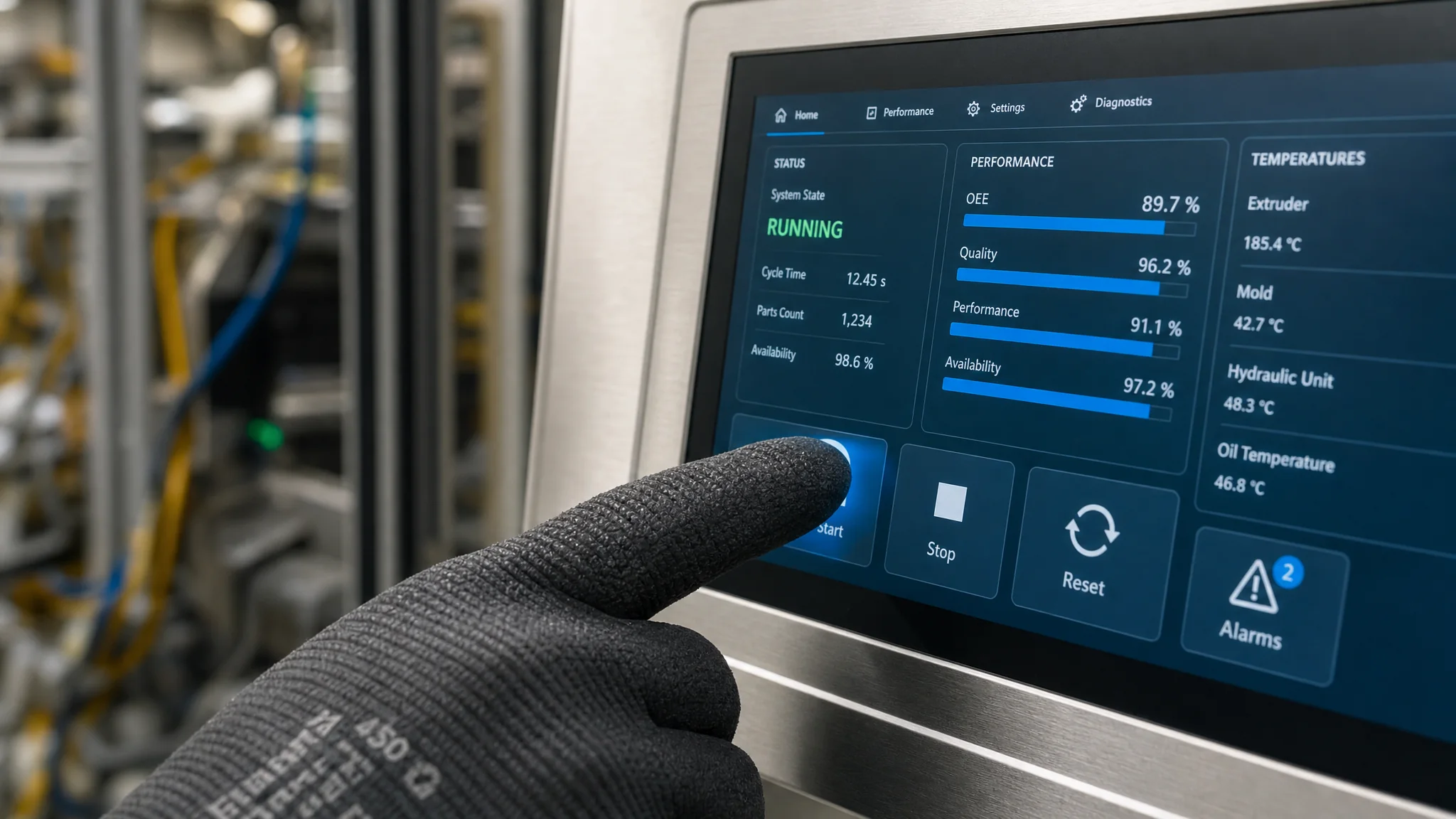 Industrial automation — HMI and touch panels on the plant floor near power equipment